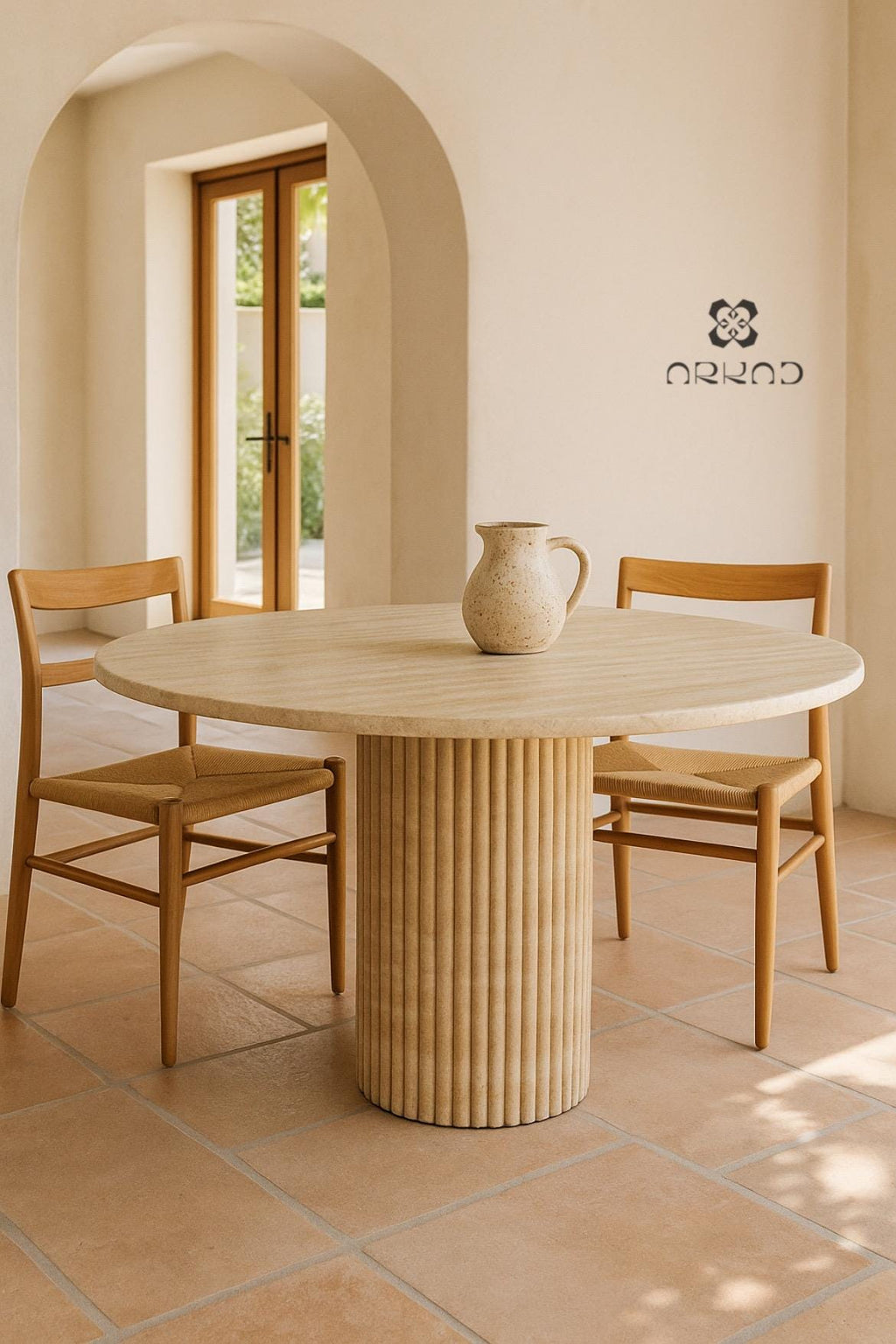 Round Dining Table - Beige Travertine – Handcrafted Natural Stone Centerpiece – Modern Minimalist Dining Room Furniture