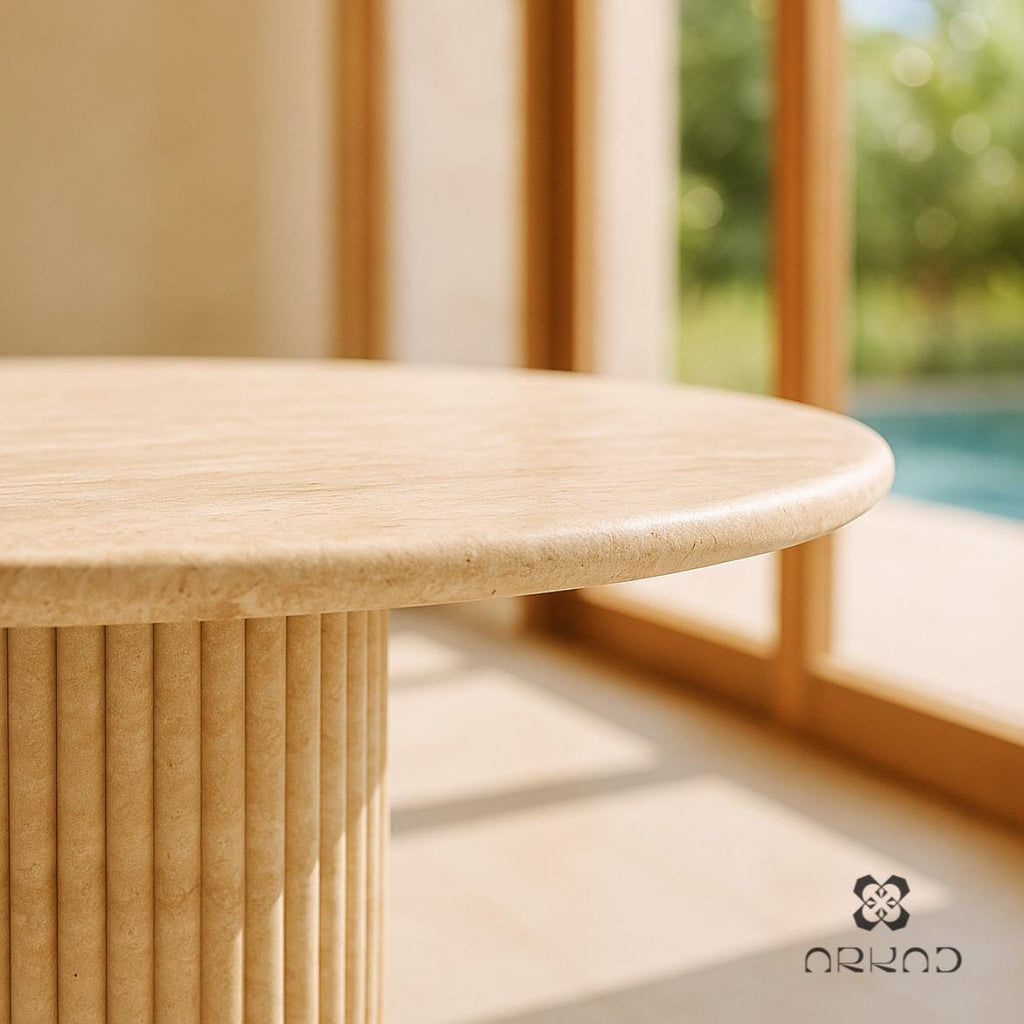 Round Dining Table - Beige Travertine – Handcrafted Natural Stone Centerpiece – Modern Minimalist Dining Room Furniture