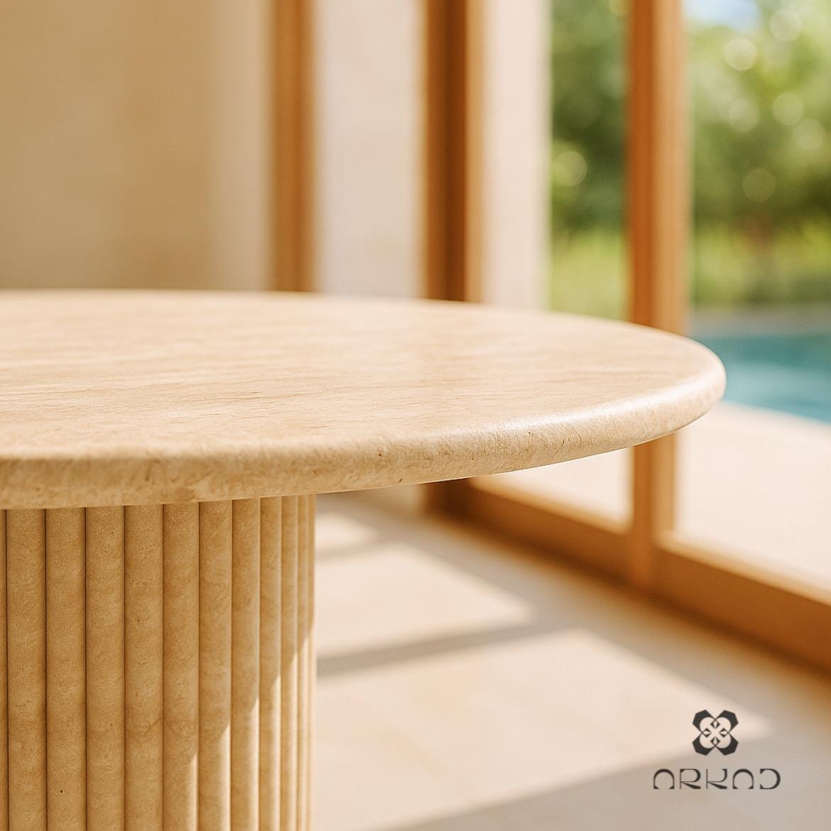 Round Dining Table - Beige Travertine – Handcrafted Natural Stone Centerpiece – Modern Minimalist Dining Room Furniture