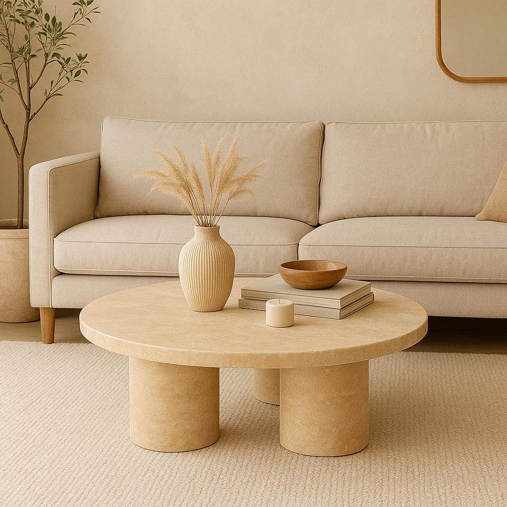 Round Coffee Table - Beige Travertine – Natural Stone Centerpiece – Handcrafted Minimalist Living Room Furniture