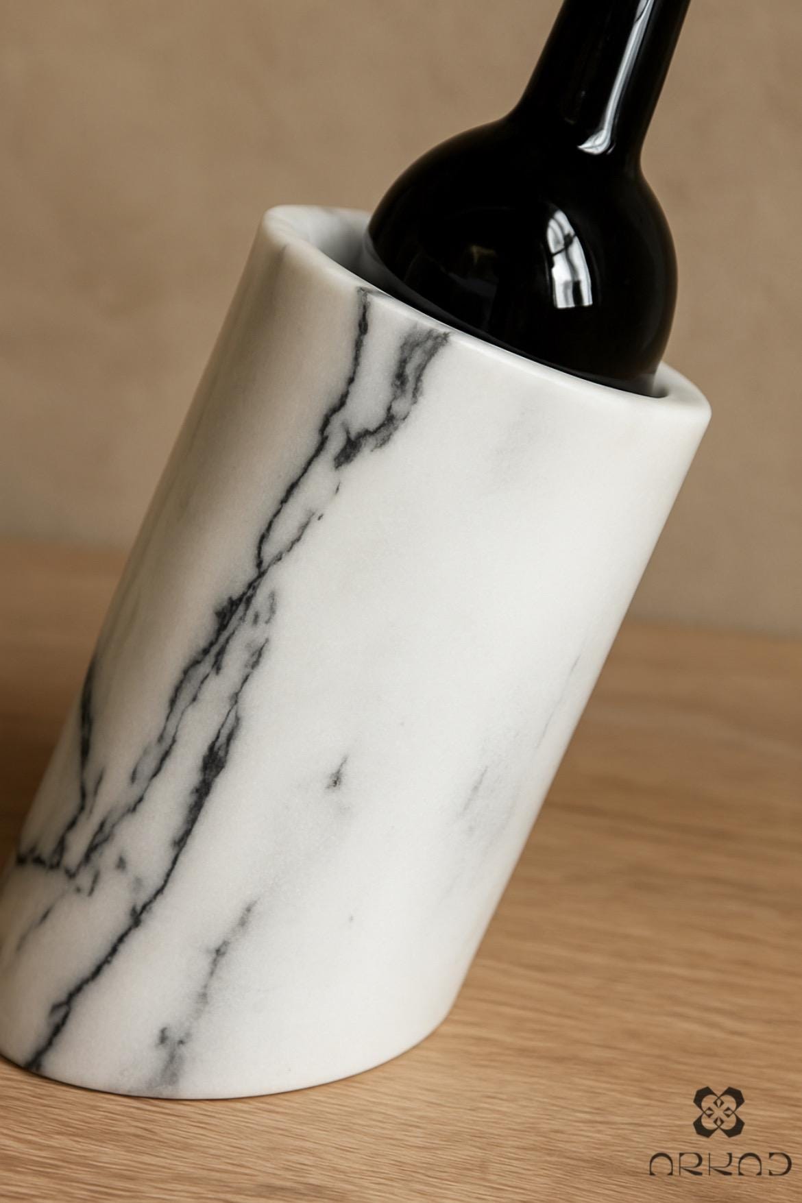 Wine Holder - Handmade - White Marble  - Solid Natural Stone Bottle Chiller & Utensil Organizer - Unique Housewarming Gift