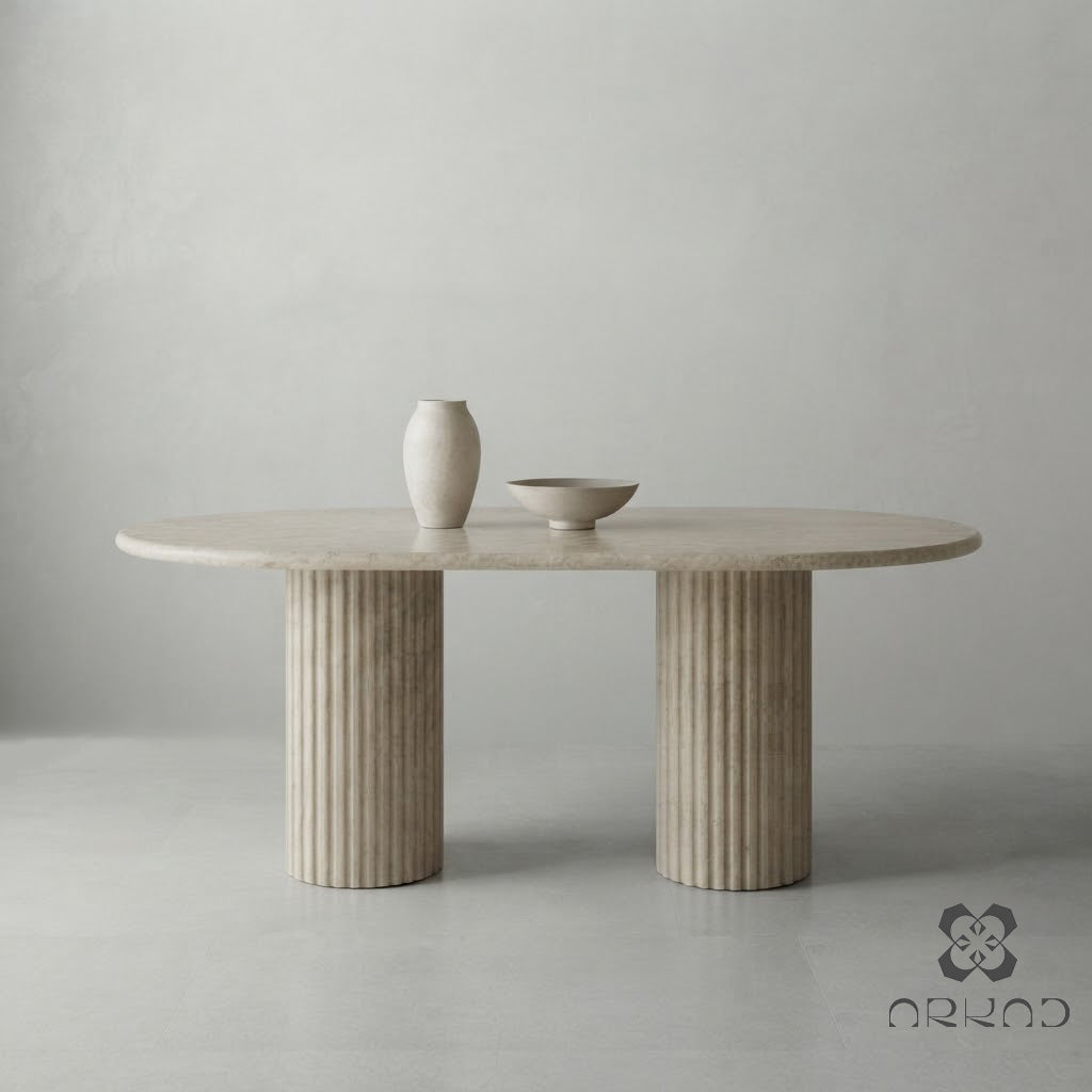 Oval Dining Table - Beige Travertine – Handcrafted Natural Stone Centerpiece – Modern Minimalist Dining Room Furniture