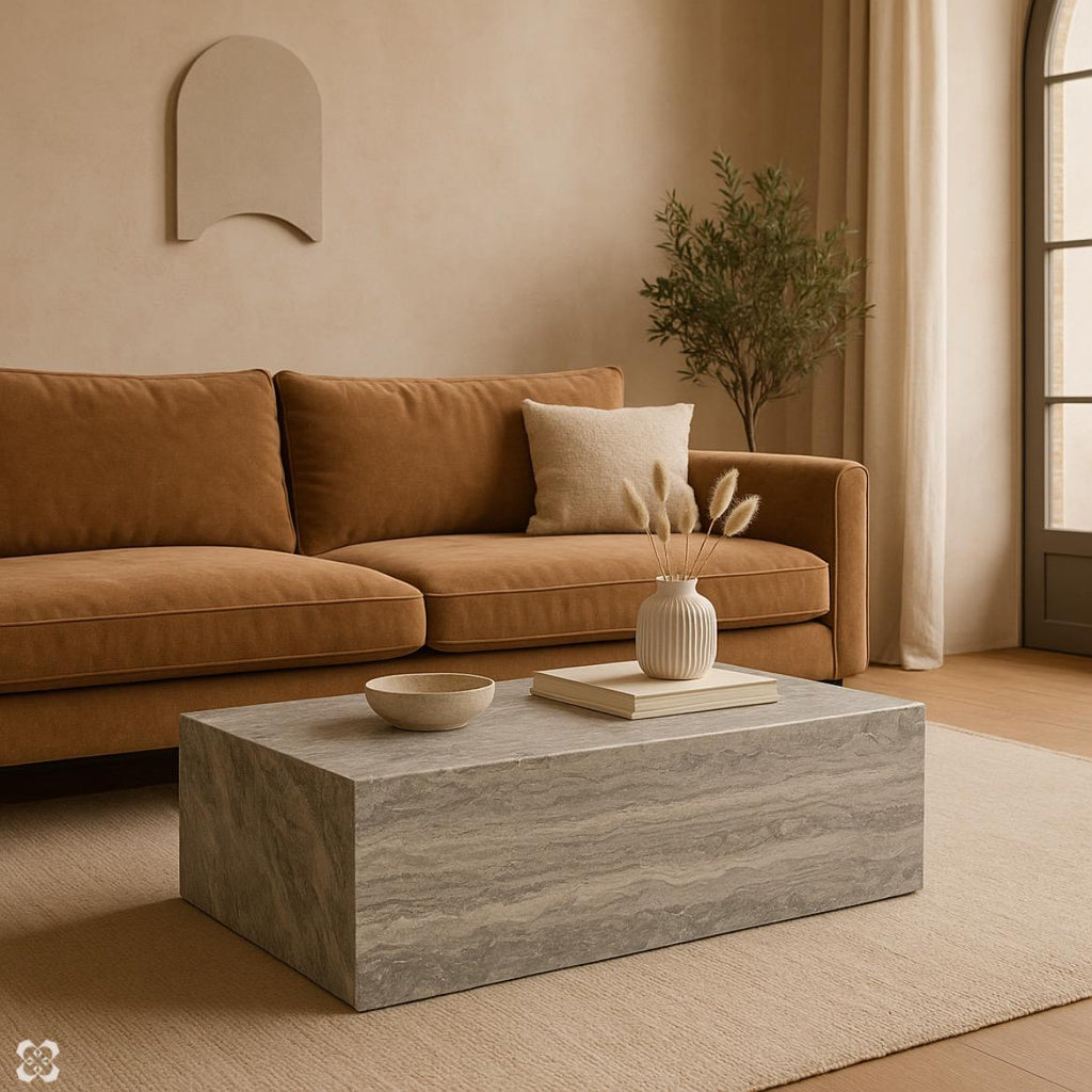 Coffee Table - Silver Travertine – Rectangular Natural Stone Centerpiece – Handcrafted Minimalist Living Room Decor