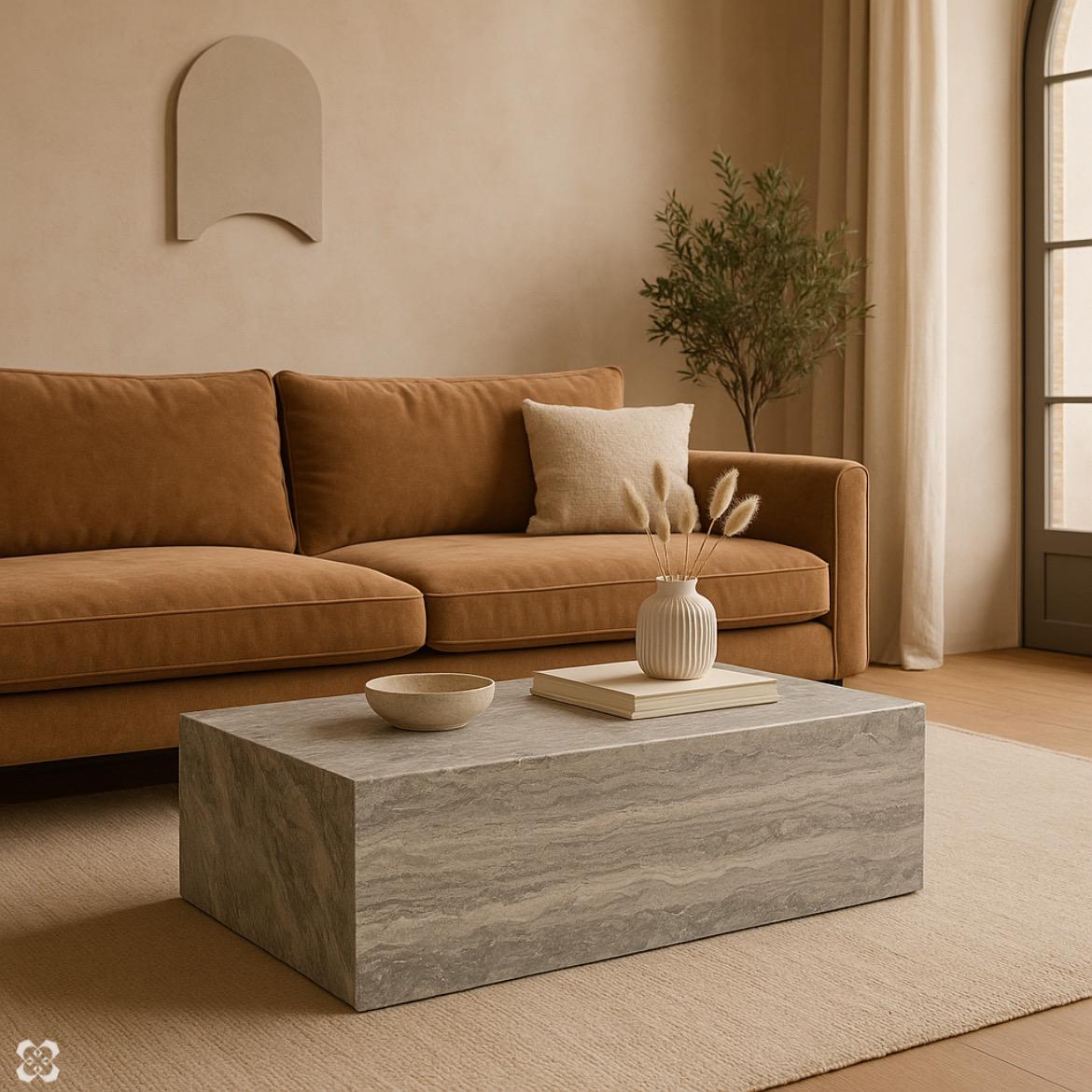 Coffee Table - Silver Travertine – Rectangular Natural Stone Centerpiece – Handcrafted Minimalist Living Room Decor