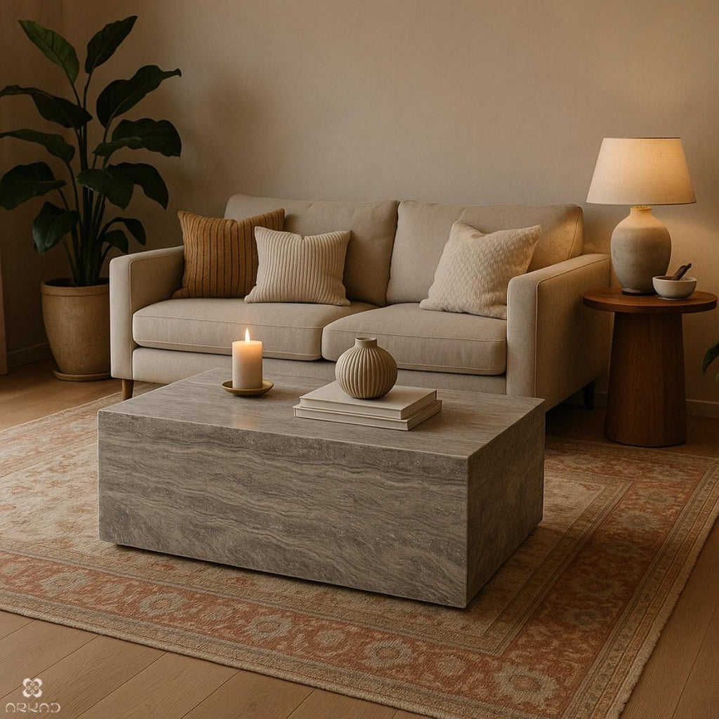 Coffee Table - Silver Travertine – Rectangular Natural Stone Centerpiece – Handcrafted Minimalist Living Room Decor