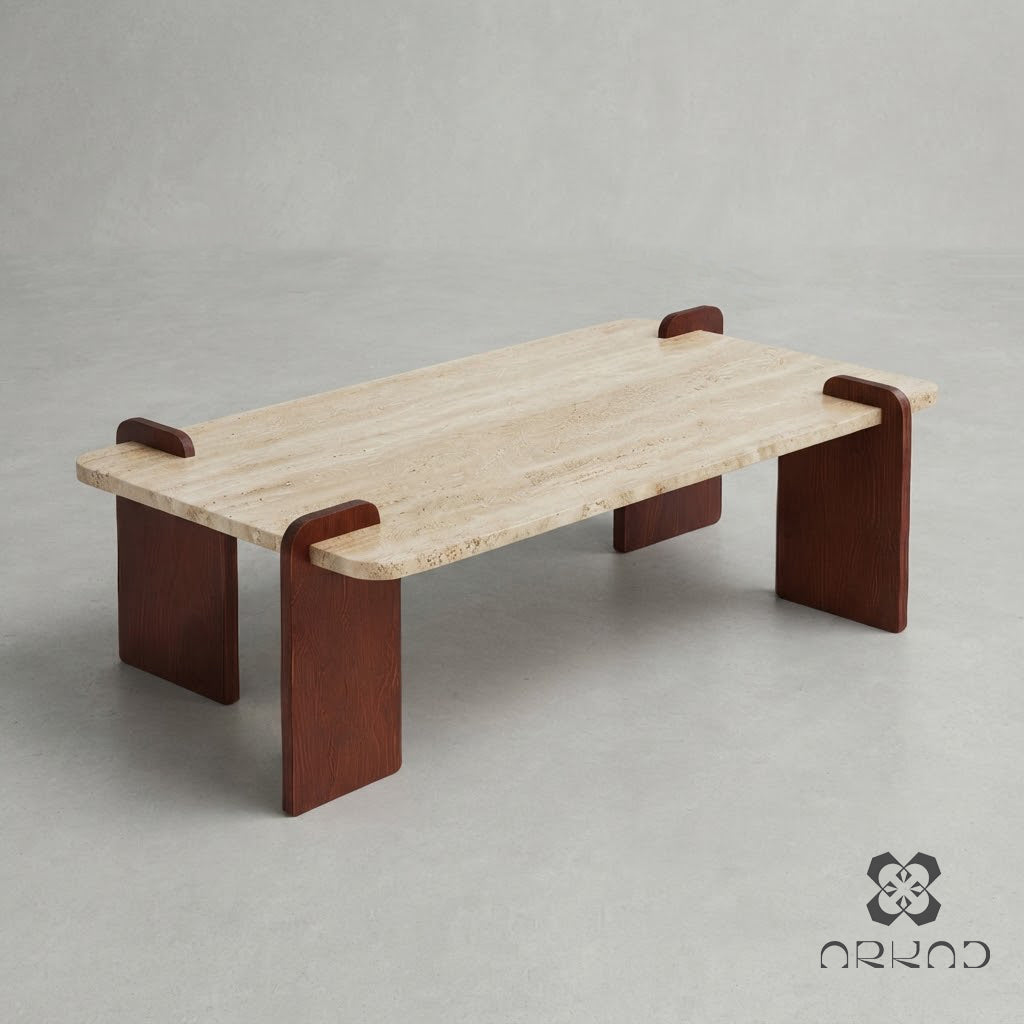 Easy to Assemble Coffee Table  Modern Beige Travertine Stone Top & Wooden Legs - Luxury Minimalist Design, Durable