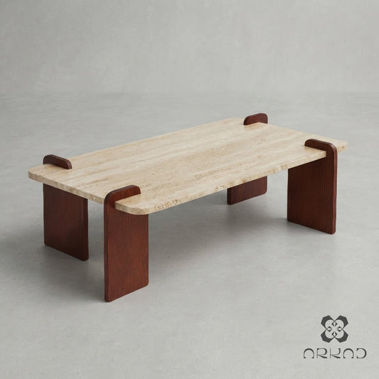 TRAVERTINE COFFEE TABLE WITH WOODEN LEGS