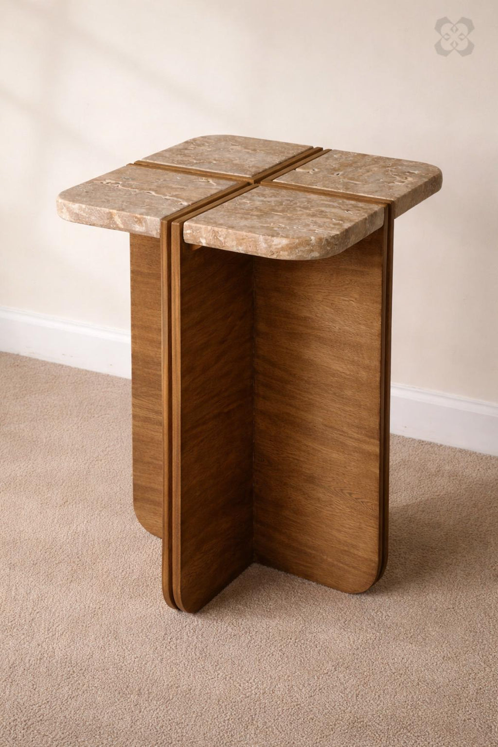 Travertine Side Table • Modern Stone • End Table with Wood Base • Minimalist Living Room Furniture