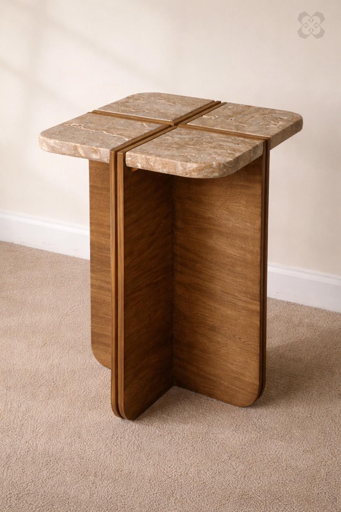 Travertine Side Table • Modern Stone • End Table with Wood Base • Minimalist Living Room Furniture