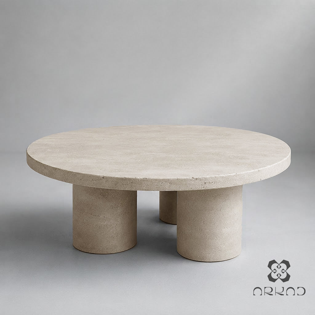 Round Coffee Table - Beige Travertine – Natural Stone Centerpiece – Handcrafted Minimalist Living Room Furniture