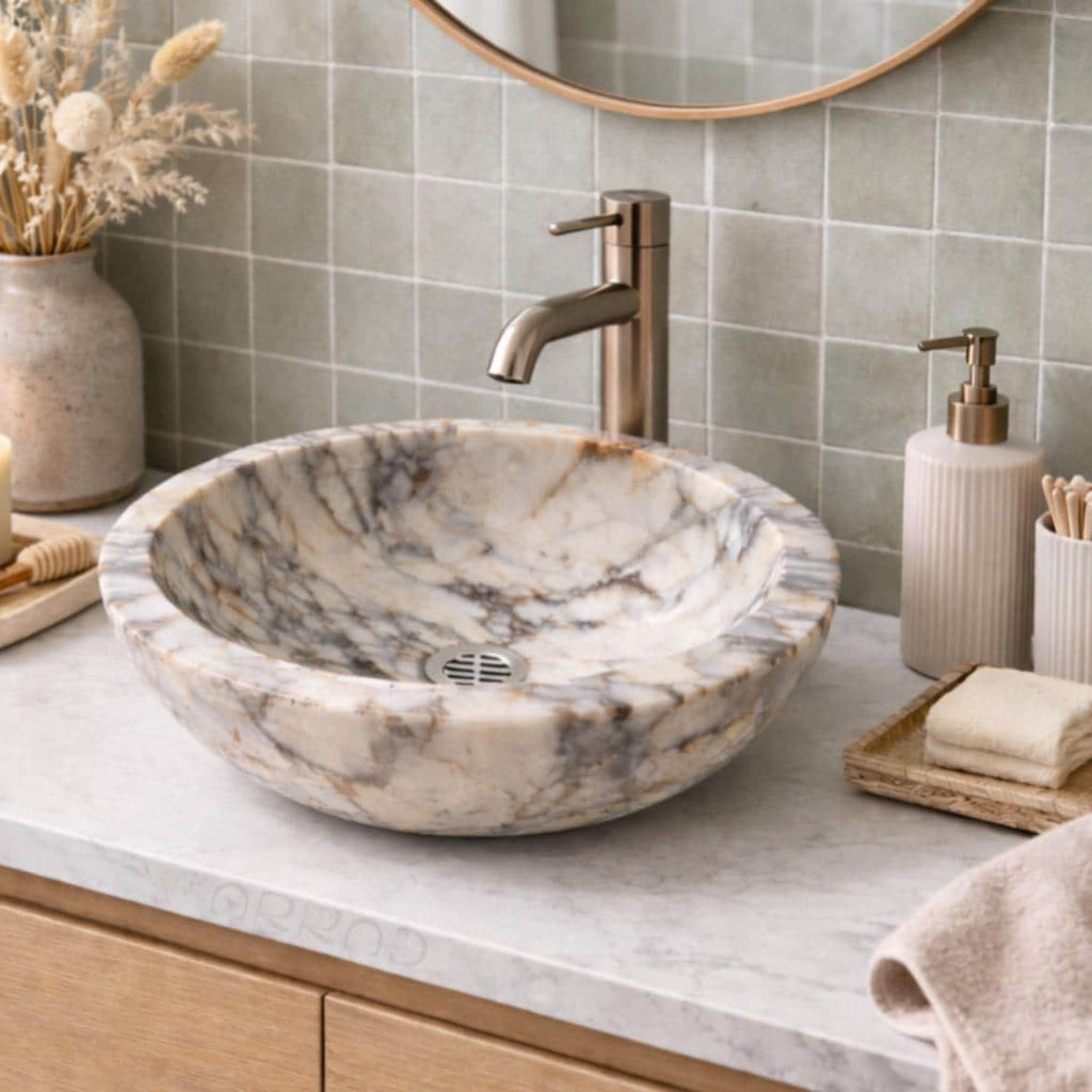 Round Vessel Sink – Bathroom Basin – Modern Spa Countertop Wash Bowl Vanity Sink – Calacatta Viola Marble – Perfect for luxury bathroom
