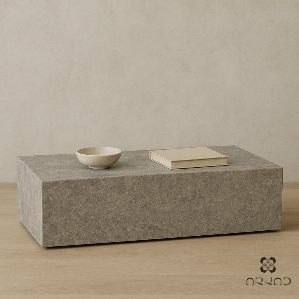 Coffee Table - Silver Travertine – Rectangular Natural Stone Centerpiece – Handcrafted Minimalist Living Room Decor