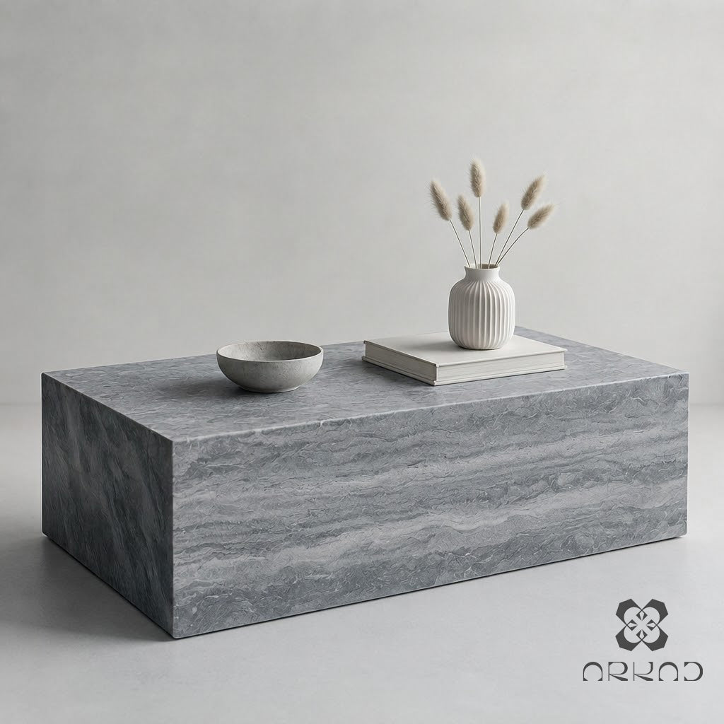 Coffee Table - Silver Travertine – Rectangular Natural Stone Centerpiece – Handcrafted Minimalist Living Room Decor