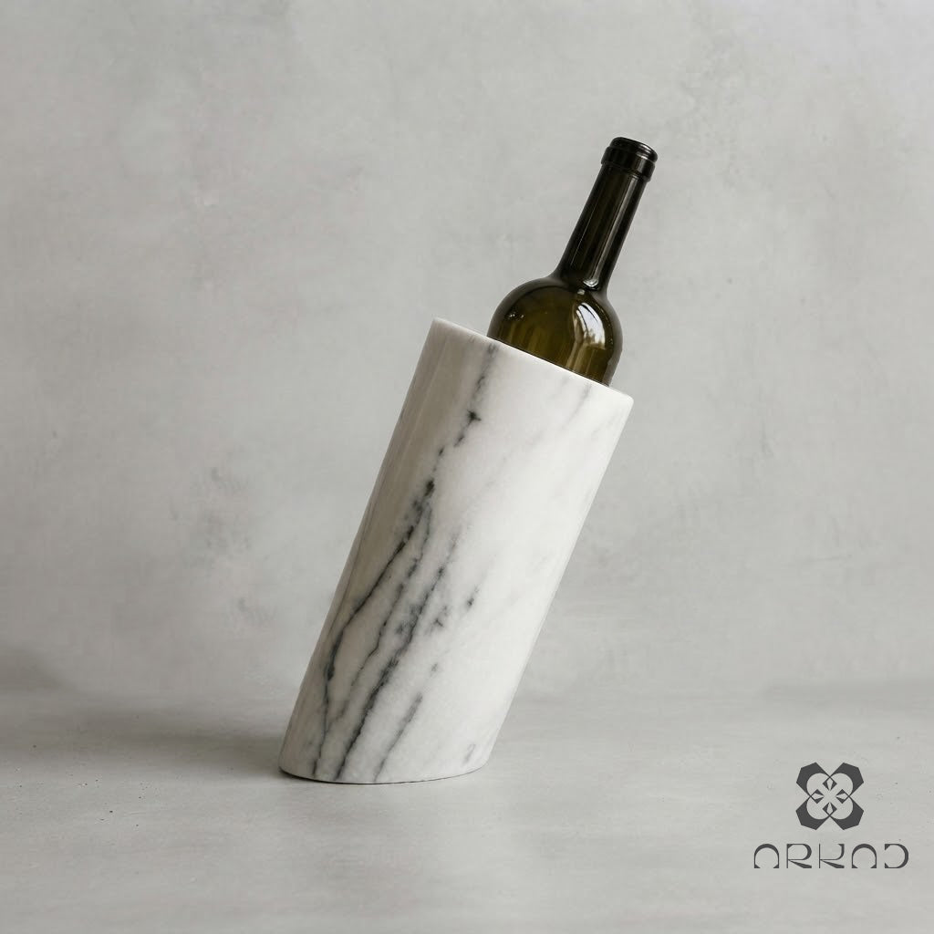 Wine Holder - Handmade - White Marble  - Solid Natural Stone Bottle Chiller & Utensil Organizer - Unique Housewarming Gift