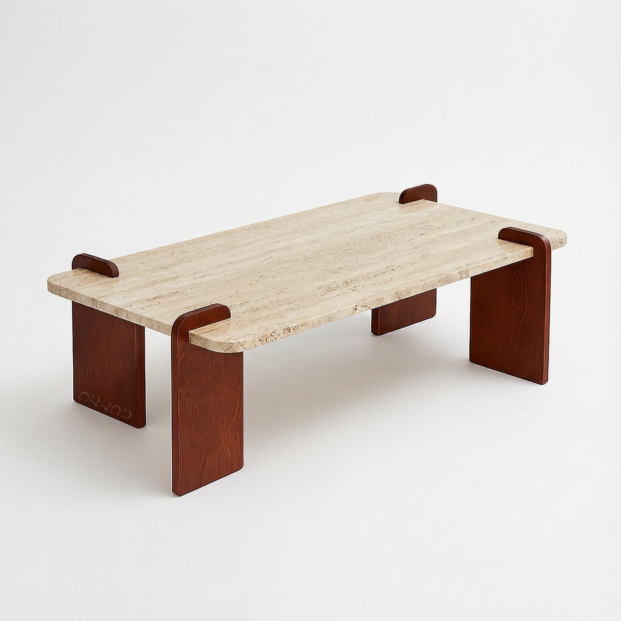 Easy to Assemble Coffee Table  Modern Beige Travertine Stone Top & Wooden Legs - Luxury Minimalist Design, Durable