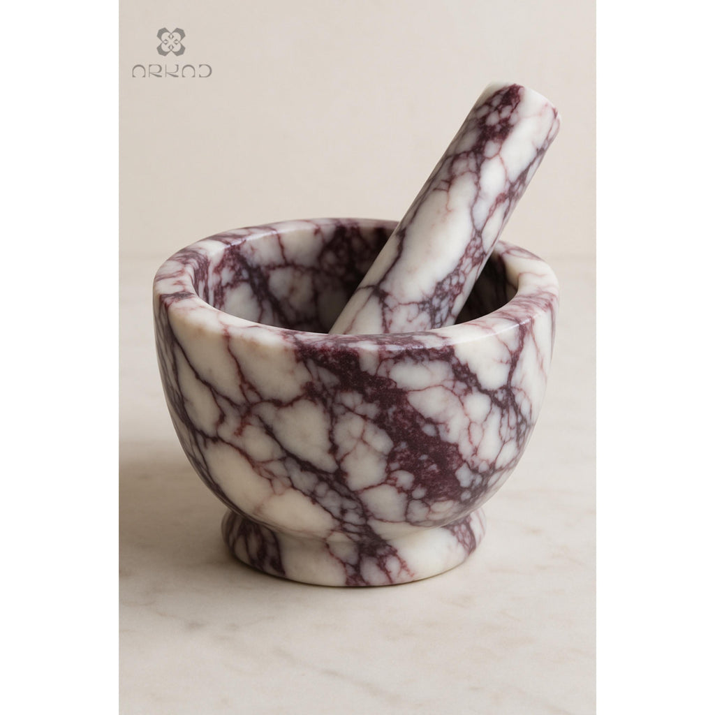 Mortar and Pestle – Calacatta Viola Marble - Handmade Natural Stone Spice Grinder, Kitchen Decor, Herb Crusher, Unique Housewarming Gift
