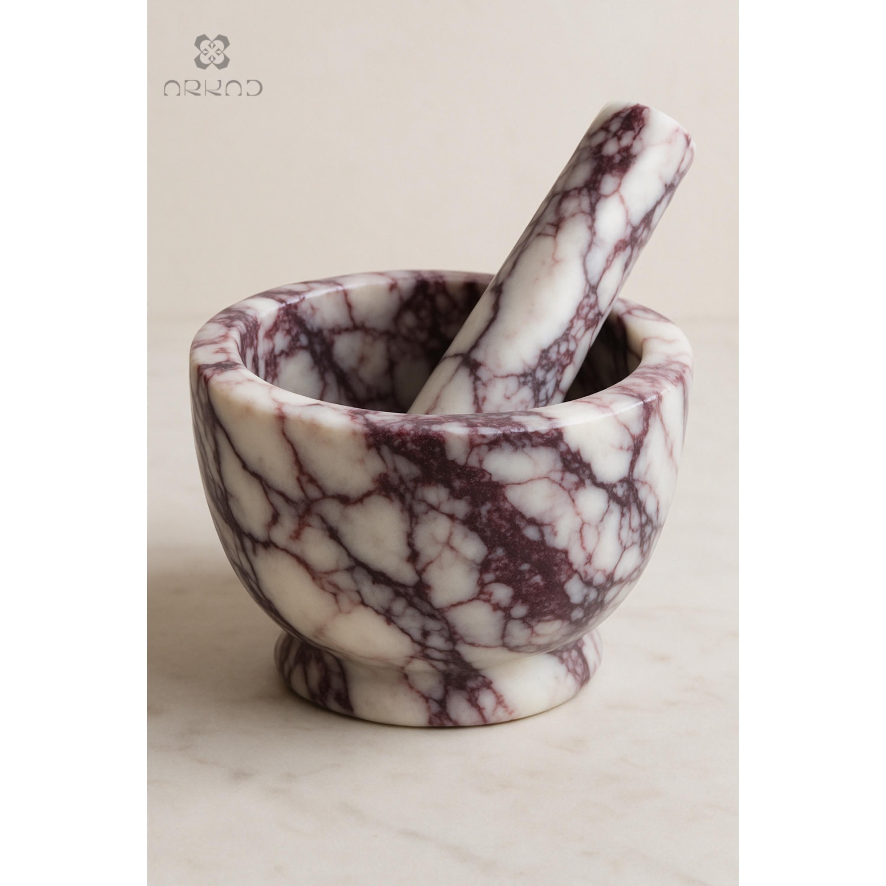 Mortar and Pestle – Calacatta Viola Marble - Handmade Natural Stone Spice Grinder, Kitchen Decor, Herb Crusher, Unique Housewarming Gift