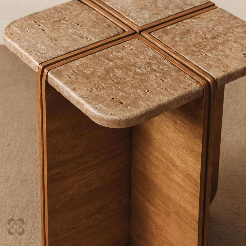 Travertine Side Table • Modern Stone • End Table with Wood Base • Minimalist Living Room Furniture