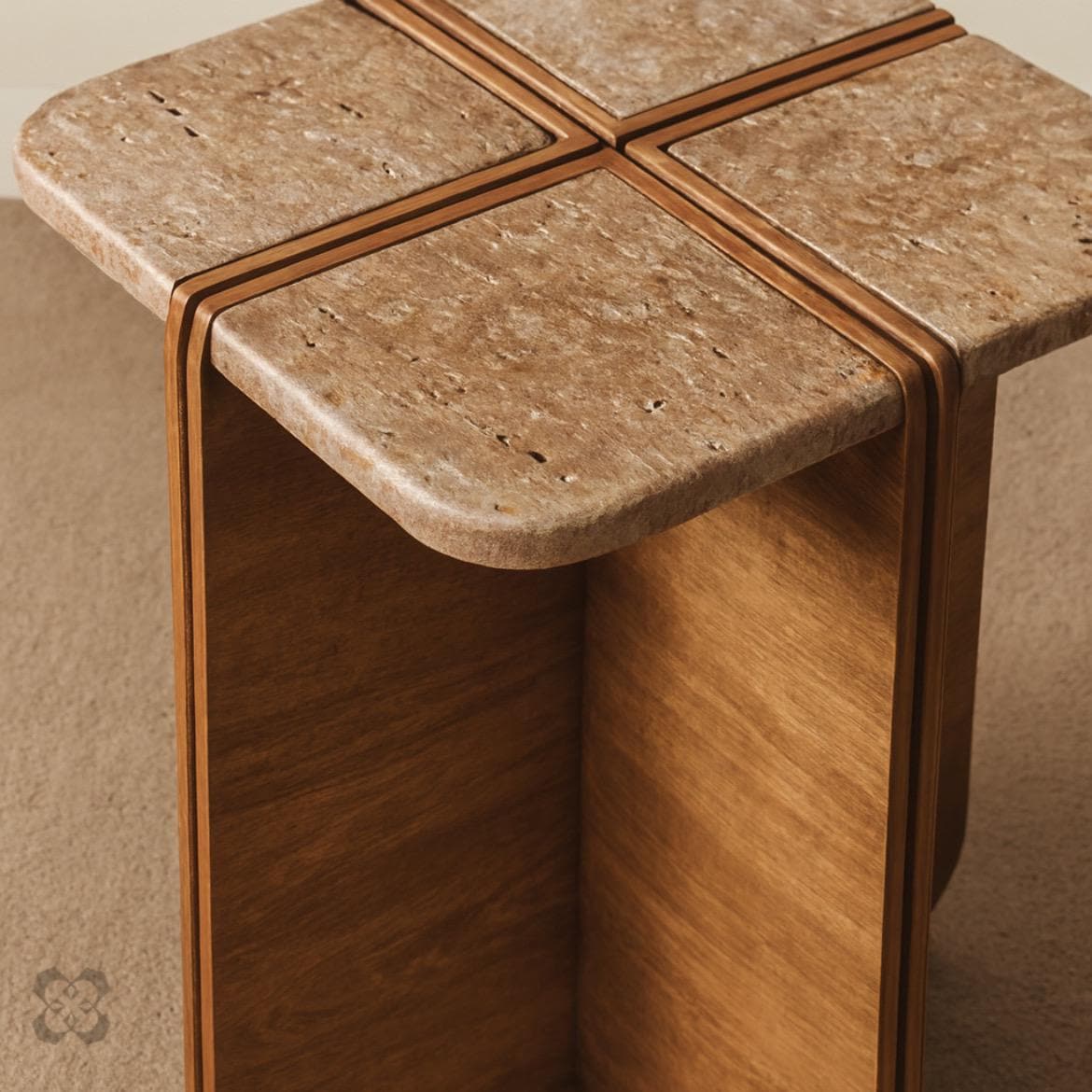 Travertine Side Table • Modern Stone • End Table with Wood Base • Minimalist Living Room Furniture