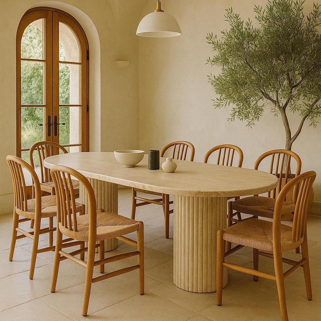 Oval Dining Table - Beige Travertine – Handcrafted Natural Stone Centerpiece – Modern Minimalist Dining Room Furniture