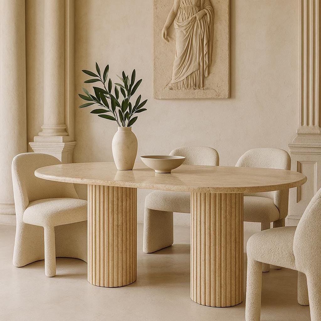 Oval Dining Table - Beige Travertine – Handcrafted Natural Stone Centerpiece – Modern Minimalist Dining Room Furniture