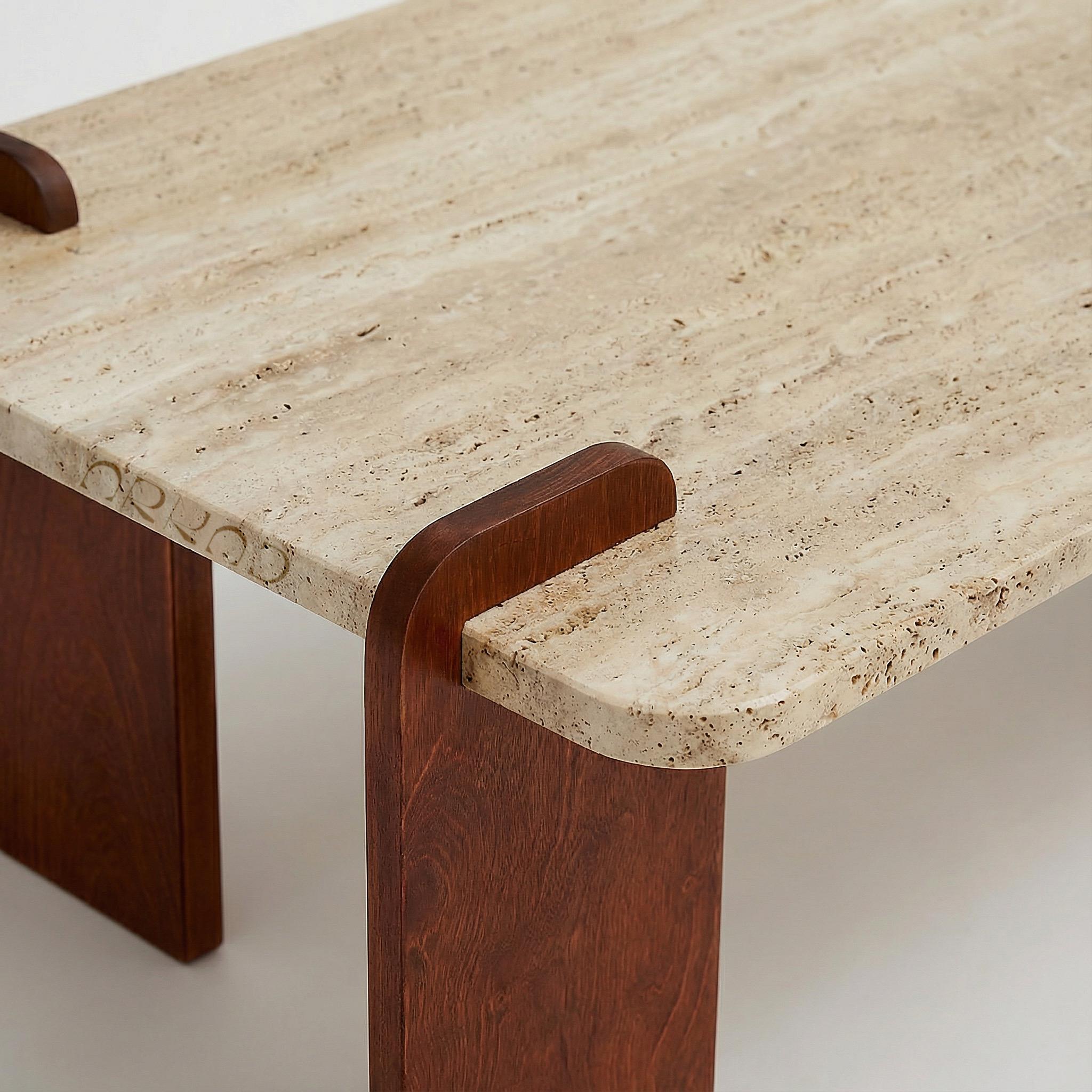 Easy to Assemble Coffee Table  Modern Beige Travertine Stone Top & Wooden Legs - Luxury Minimalist Design, Durable