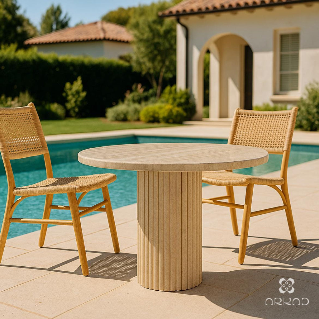 Round Dining Table - Beige Travertine – Handcrafted Natural Stone Centerpiece – Modern Minimalist Dining Room Furniture