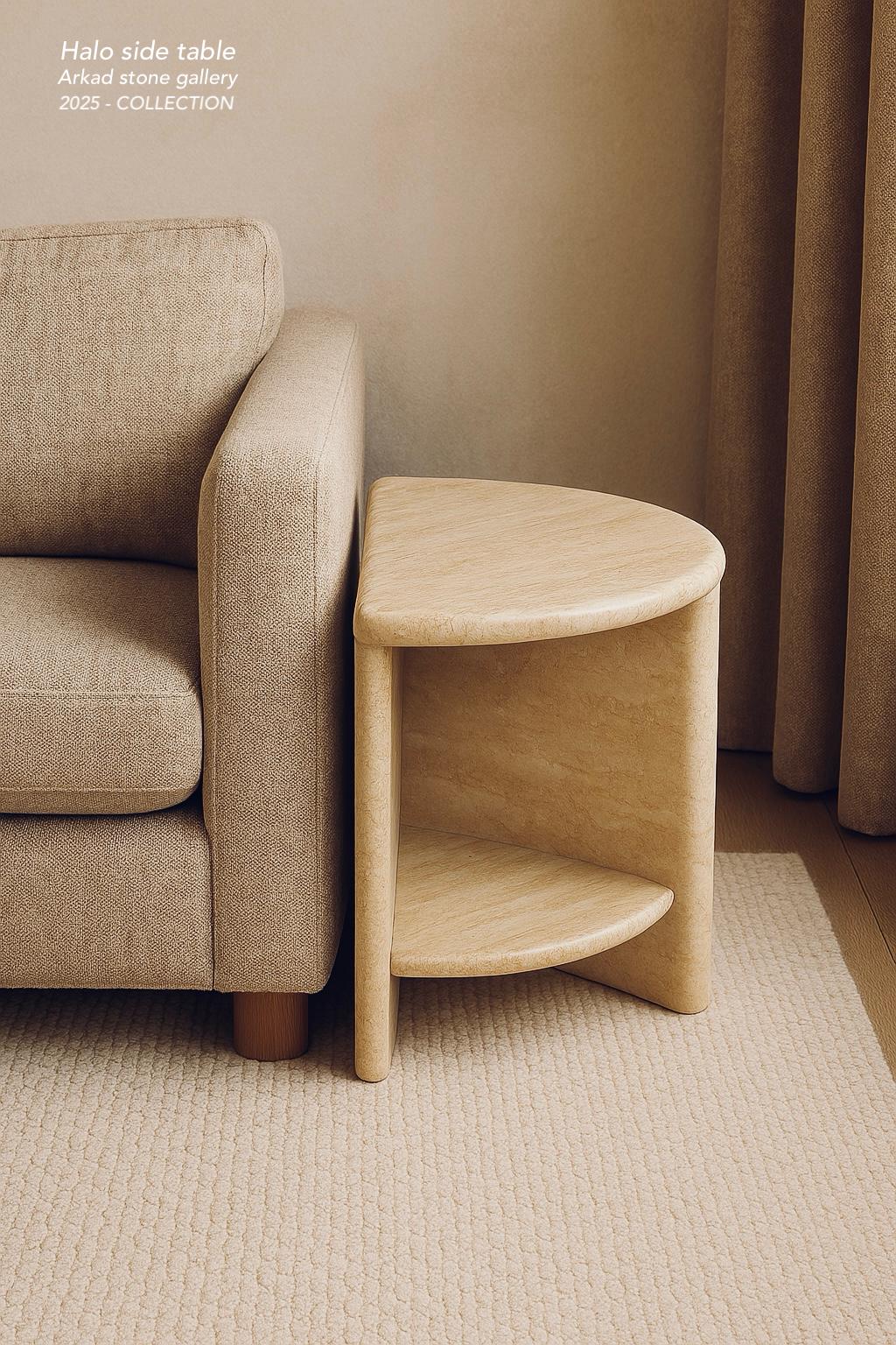 Luxury Side Table - Beige Travertine – Modern Minimalist Stone Accent Bespoke Table – A Useful Table for Living Room or Bedroom “HALO”