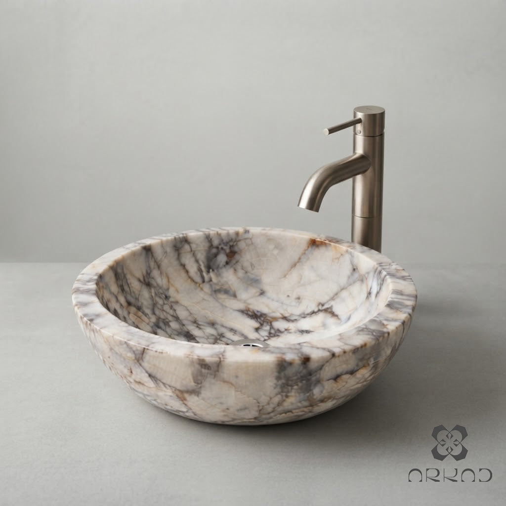 Round Vessel Sink – Bathroom Basin – Modern Spa Countertop Wash Bowl Vanity Sink – Calacatta Viola Marble – Perfect for luxury bathroom
