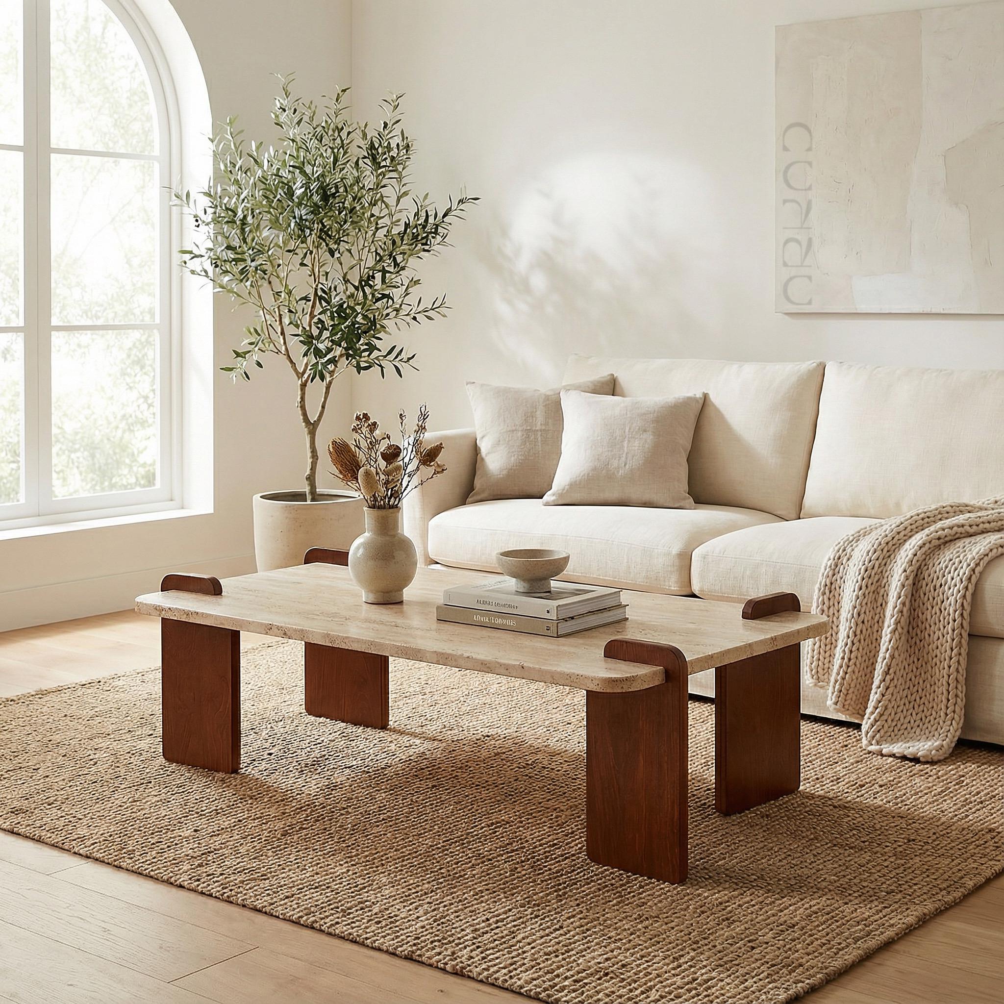 Easy to Assemble Coffee Table  Modern Beige Travertine Stone Top & Wooden Legs - Luxury Minimalist Design, Durable
