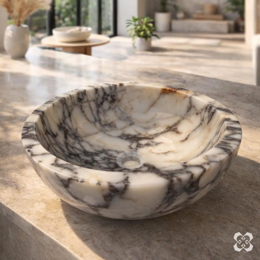 Round Vessel Sink – Bathroom Basin – Modern Spa Countertop Wash Bowl Vanity Sink – Calacatta Viola Marble – Perfect for luxury bathroom