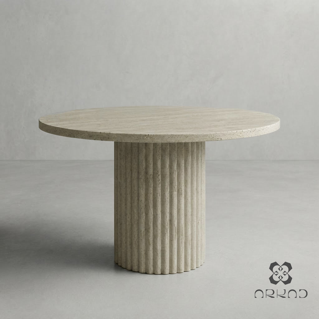Round Dining Table - Beige Travertine – Handcrafted Natural Stone Centerpiece – Modern Minimalist Dining Room Furniture