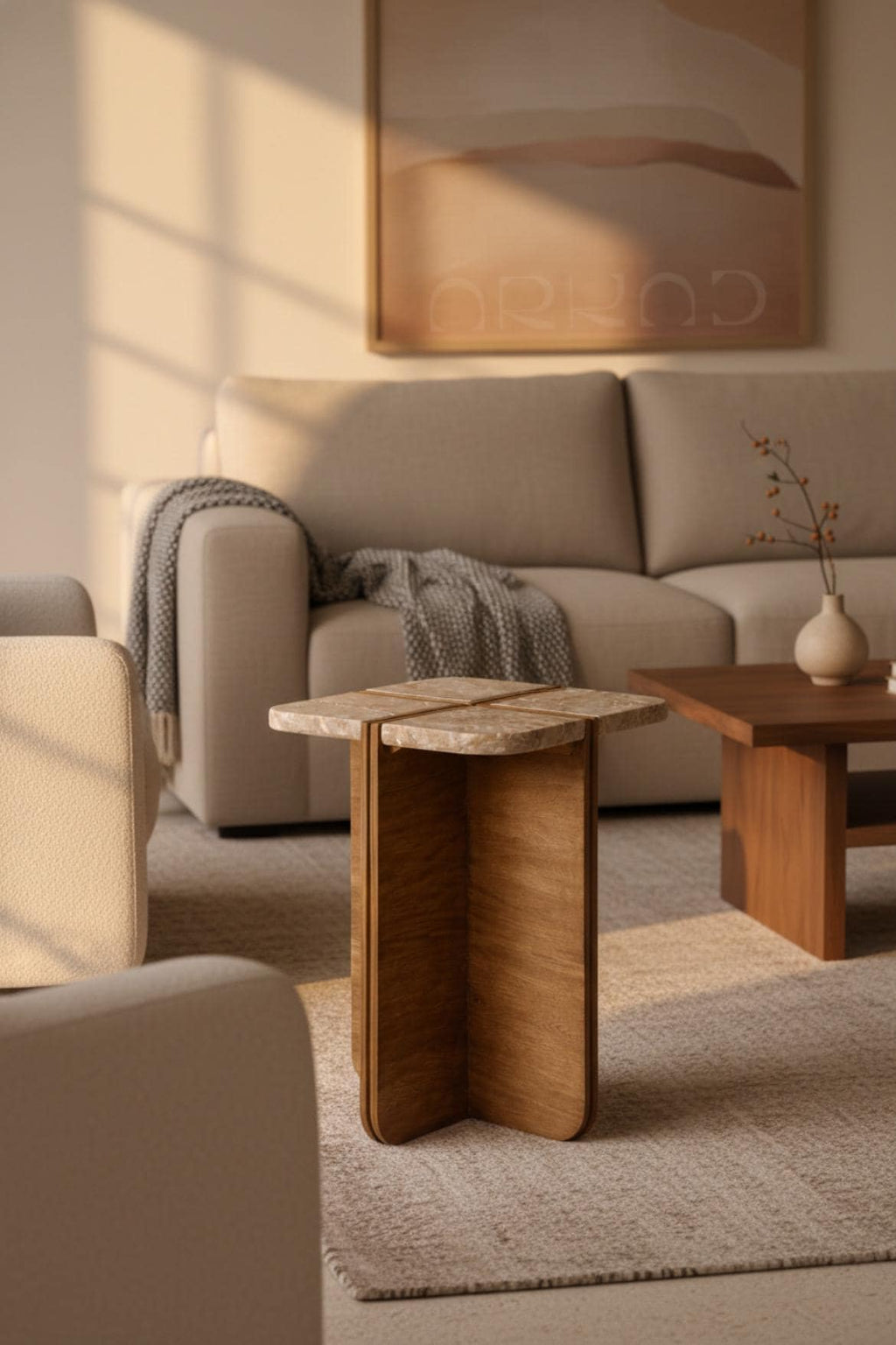 Travertine Side Table • Modern Stone • End Table with Wood Base • Minimalist Living Room Furniture