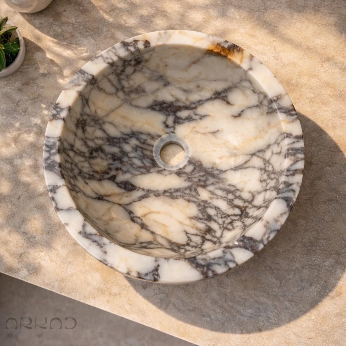 Round Vessel Sink – Bathroom Basin – Modern Spa Countertop Wash Bowl Vanity Sink – Calacatta Viola Marble – Perfect for luxury bathroom