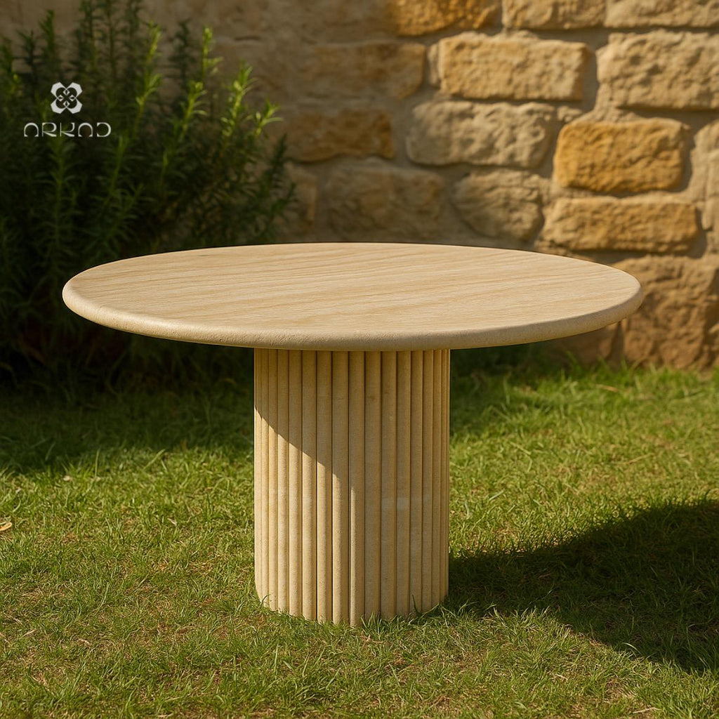Round Dining Table - Beige Travertine – Handcrafted Natural Stone Centerpiece – Modern Minimalist Dining Room Furniture